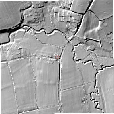 Shaded relief map of the ground around DT96RE, computed from Environment Agency LiDAR. The ground here sits at about 36 m above sea level and falls 21 m across the surrounding 800 m. Surface water reaching this point runs off ground lying to the south-south-west, 6.7 m higher.