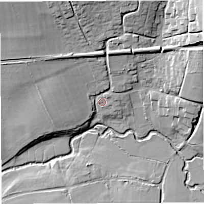 Shaded relief map of the ground around DT96RH, computed from Environment Agency LiDAR. The ground here sits at about 38 m above sea level and falls 30 m across the surrounding 800 m. Surface water reaching this point runs off ground lying to the north-east, 2.7 m higher.