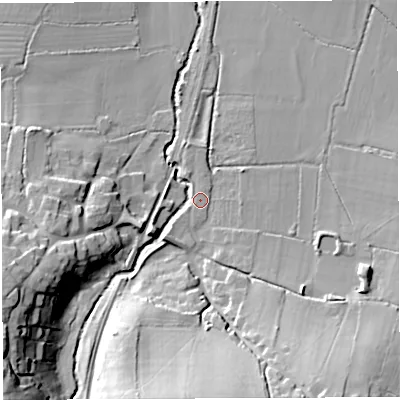 Shaded relief map of the ground around DT96SZ, computed from Environment Agency LiDAR. The ground here sits at about 49 m above sea level and falls 25 m across the surrounding 800 m. Surface water reaching this point runs off ground lying to the south, 21.0 m higher.