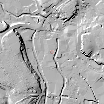 Shaded relief map of the ground around DY101AA, computed from Environment Agency LiDAR. The ground here sits at about 33 m above sea level and falls 22 m across the surrounding 800 m. Surface water reaching this point runs off ground lying to the north-north-east, 0.6 m higher.