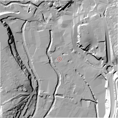 Shaded relief map of the ground around DY101AB, computed from Environment Agency LiDAR. The ground here sits at about 32 m above sea level and falls 37 m across the surrounding 800 m. Surface water reaching this point runs off ground lying to the north-east, 21.1 m higher.