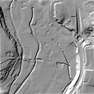 Shaded relief map of the ground around DY101AE, computed from Environment Agency LiDAR. The ground here sits at about 32 m above sea level and falls 37 m across the surrounding 800 m. Surface water reaching this point runs off ground lying to the north-east, 21.5 m higher.