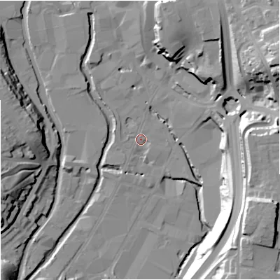 Shaded relief map of the ground around DY101AF, computed from Environment Agency LiDAR. The ground here sits at about 32 m above sea level and falls 37 m across the surrounding 800 m. Surface water reaching this point runs off ground lying to the north-north-east, 21.6 m higher.