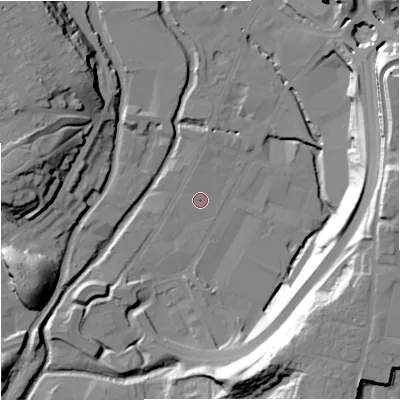Shaded relief map of the ground around DY101AL, computed from Environment Agency LiDAR. The ground here sits at about 32 m above sea level and falls 38 m across the surrounding 800 m. Surface water reaching this point runs off ground lying to the north-west, 0.6 m higher.
