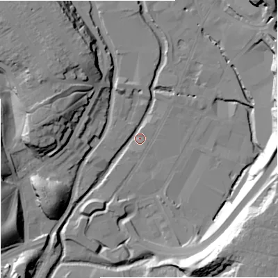 Shaded relief map of the ground around DY101AQ, computed from Environment Agency LiDAR. The ground here sits at about 31 m above sea level and falls 36 m across the surrounding 800 m. Surface water reaching this point runs off ground lying to the north-north-west, 5.8 m higher.