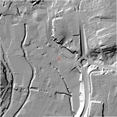 Shaded relief map of the ground around DY101AR, computed from Environment Agency LiDAR. The ground here sits at about 33 m above sea level and falls 37 m across the surrounding 800 m. Surface water reaching this point runs off ground lying to the north-north-east, 18.5 m higher.