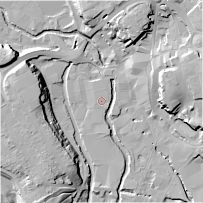 Shaded relief map of the ground around DY101AS, computed from Environment Agency LiDAR. The ground here sits at about 33 m above sea level and falls 22 m across the surrounding 800 m. The ground contributing surface water to this point lies to the north-east.