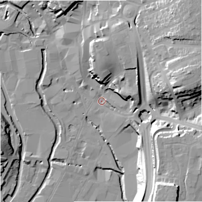 Shaded relief map of the ground around DY101AU, computed from Environment Agency LiDAR. The ground here sits at about 33 m above sea level and falls 37 m across the surrounding 800 m. Surface water reaching this point runs off ground lying to the north-north-east, 18.6 m higher.