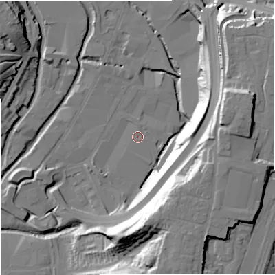 Shaded relief map of the ground around DY101AX, computed from Environment Agency LiDAR. The ground here sits at about 32 m above sea level and falls 38 m across the surrounding 800 m. Surface water reaching this point runs off ground lying to the east, 35.4 m higher.