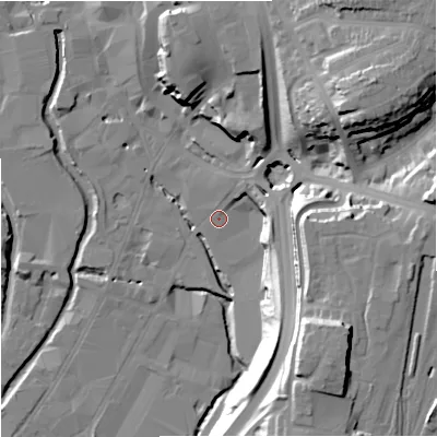 Shaded relief map of the ground around DY101AZ, computed from Environment Agency LiDAR. The ground here sits at about 33 m above sea level and falls 37 m across the surrounding 800 m. Surface water reaching this point runs off ground lying to the south-east, 33.3 m higher.