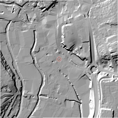 Shaded relief map of the ground around DY101BJ, computed from Environment Agency LiDAR. The ground here sits at about 32 m above sea level and falls 37 m across the surrounding 800 m. Surface water reaching this point runs off ground lying to the north-east, 21.1 m higher.