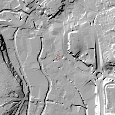 Shaded relief map of the ground around DY101BL, computed from Environment Agency LiDAR. The ground here sits at about 32 m above sea level and falls 36 m across the surrounding 800 m. Surface water reaching this point runs off ground lying to the east-north-east, 21.1 m higher.