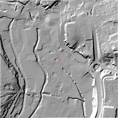 Shaded relief map of the ground around DY101BN, computed from Environment Agency LiDAR. The ground here sits at about 32 m above sea level and falls 37 m across the surrounding 800 m. Surface water reaching this point runs off ground lying to the north-east, 21.1 m higher.