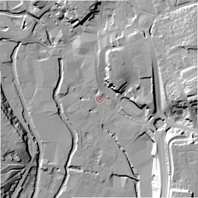 Shaded relief map of the ground around DY101BQ, computed from Environment Agency LiDAR. The ground here sits at about 32 m above sea level and falls 37 m across the surrounding 800 m. Surface water reaching this point runs off ground lying to the north-east, 21.1 m higher.