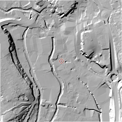 Shaded relief map of the ground around DY101BT, computed from Environment Agency LiDAR. The ground here sits at about 32 m above sea level and falls 35 m across the surrounding 800 m. Surface water reaching this point runs off ground lying to the east-north-east, 21.1 m higher.