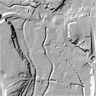 Shaded relief map of the ground around DY101BY, computed from Environment Agency LiDAR. The ground here sits at about 32 m above sea level and falls 25 m across the surrounding 800 m. Surface water reaching this point runs off ground lying to the east-north-east, 21.1 m higher.
