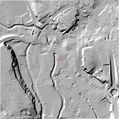 Shaded relief map of the ground around DY101DA, computed from Environment Agency LiDAR. The ground here sits at about 33 m above sea level and falls 25 m across the surrounding 800 m. Surface water reaching this point runs off ground lying to the north-north-west, 3.7 m higher.