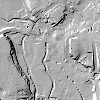 Shaded relief map of the ground around DY101DD, computed from Environment Agency LiDAR. The ground here sits at about 33 m above sea level and falls 25 m across the surrounding 800 m. Surface water reaching this point runs off ground lying to the north-north-west, 3.7 m higher.