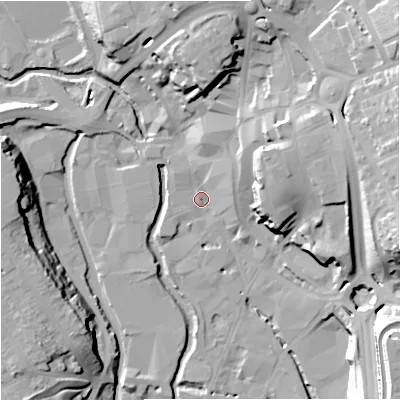 Shaded relief map of the ground around DY101DE, computed from Environment Agency LiDAR. The ground here sits at about 33 m above sea level and falls 30 m across the surrounding 800 m. Surface water reaching this point runs off ground lying to the north-east, 7.0 m higher.