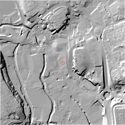 Shaded relief map of the ground around DY101EJ, computed from Environment Agency LiDAR. The ground here sits at about 35 m above sea level and falls 33 m across the surrounding 800 m. Surface water reaching this point runs off ground lying to the north-east, 5.8 m higher.