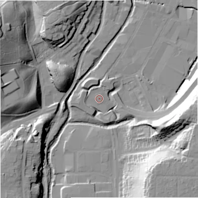 Shaded relief map of the ground around DY101EZ, computed from Environment Agency LiDAR. The ground here sits at about 32 m above sea level and falls 37 m across the surrounding 800 m. Surface water reaching this point runs off ground lying to the west-north-west, 3.1 m higher.