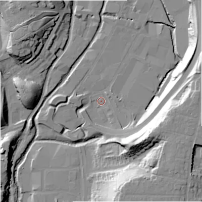Shaded relief map of the ground around DY101HA, computed from Environment Agency LiDAR. The ground here sits at about 31 m above sea level and falls 37 m across the surrounding 800 m. Surface water reaching this point runs off ground lying to the south-east, 32.1 m higher.