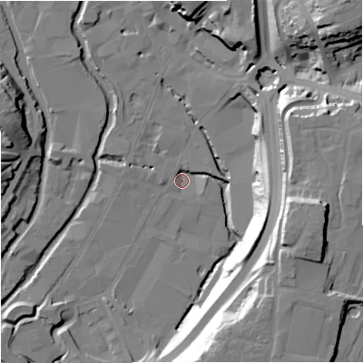 Shaded relief map of the ground around DY101HD, computed from Environment Agency LiDAR. The ground here sits at about 30 m above sea level and falls 38 m across the surrounding 800 m. Surface water reaching this point runs off ground lying to the east-south-east, 37.5 m higher.