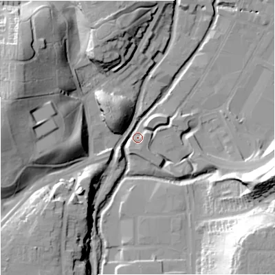 Shaded relief map of the ground around DY101HE, computed from Environment Agency LiDAR. The ground here sits at about 31 m above sea level and falls 35 m across the surrounding 800 m. Surface water reaching this point runs off ground lying to the west-north-west, 33.2 m higher.