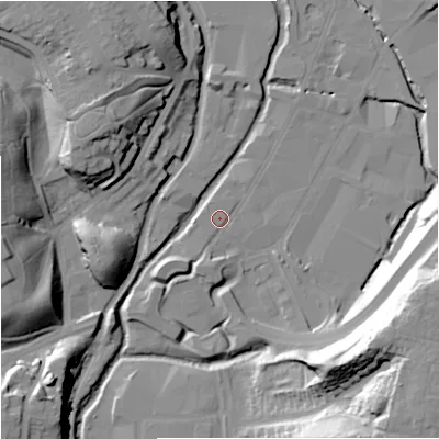 Shaded relief map of the ground around DY101HG, computed from Environment Agency LiDAR. The ground here sits at about 32 m above sea level and falls 36 m across the surrounding 800 m. Surface water reaching this point runs off ground lying to the north-north-east, 1.0 m higher.