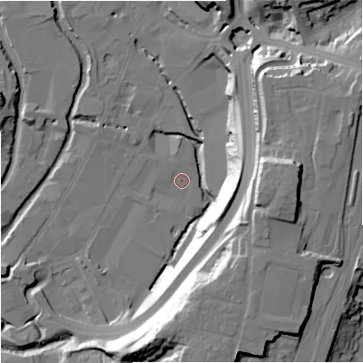 Shaded relief map of the ground around DY101HH, computed from Environment Agency LiDAR. The ground here sits at about 31 m above sea level and falls 38 m across the surrounding 800 m. Surface water reaching this point runs off ground lying to the south-south-west, 3.7 m higher.