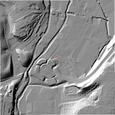 Shaded relief map of the ground around DY101HR, computed from Environment Agency LiDAR. The ground here sits at about 31 m above sea level and falls 37 m across the surrounding 800 m. Surface water reaching this point runs off ground lying to the south-west, 3.0 m higher.
