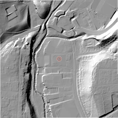 Shaded relief map of the ground around DY101HT, computed from Environment Agency LiDAR. The ground here sits at about 32 m above sea level and falls 37 m across the surrounding 800 m. The ground contributing surface water to this point lies to the north.
