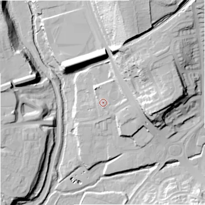 Shaded relief map of the ground around DY101HY, computed from Environment Agency LiDAR. The ground here sits at about 36 m above sea level and falls 37 m across the surrounding 800 m. Surface water reaching this point runs off ground lying to the north-north-west, 3.8 m higher.