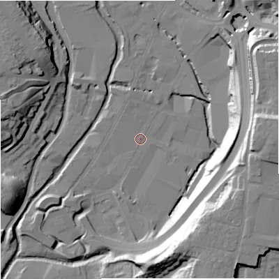 Shaded relief map of the ground around DY101JF, computed from Environment Agency LiDAR. The ground here sits at about 31 m above sea level and falls 38 m across the surrounding 800 m. Surface water reaching this point runs off ground lying to the east, 37.5 m higher.