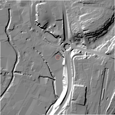 Shaded relief map of the ground around DY101JH, computed from Environment Agency LiDAR. The ground here sits at about 32 m above sea level and falls 37 m across the surrounding 800 m. Surface water reaching this point runs off ground lying to the south-south-east, 34.5 m higher.