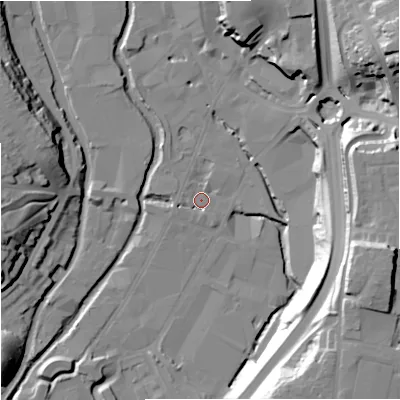 Shaded relief map of the ground around DY101JN, computed from Environment Agency LiDAR. The ground here sits at about 31 m above sea level and falls 38 m across the surrounding 800 m. Surface water reaching this point runs off ground lying to the north-north-east, 21.4 m higher.