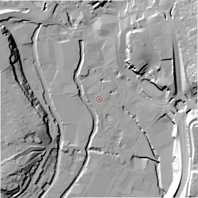 Shaded relief map of the ground around DY101LX, computed from Environment Agency LiDAR. The ground here sits at about 32 m above sea level and falls 37 m across the surrounding 800 m. Surface water reaching this point runs off ground lying to the north-east, 21.1 m higher.