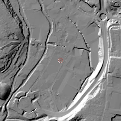 Shaded relief map of the ground around DY101RD, computed from Environment Agency LiDAR. The ground here sits at about 31 m above sea level and falls 38 m across the surrounding 800 m. Surface water reaching this point runs off ground lying to the east, 37.5 m higher.