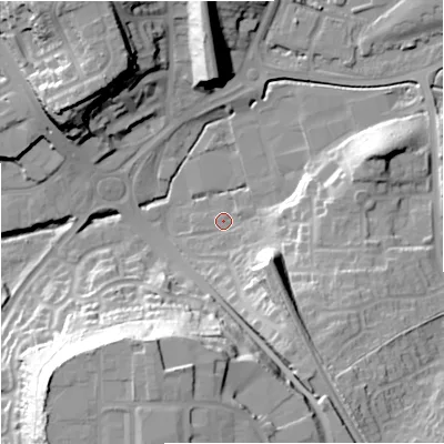 Shaded relief map of the ground around DY101XP, computed from Environment Agency LiDAR. The ground here sits at about 31 m above sea level and falls 33 m across the surrounding 800 m. Surface water reaching this point runs off ground lying to the south-east, 20.3 m higher.