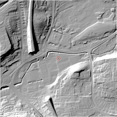 Shaded relief map of the ground around DY101XS, computed from Environment Agency LiDAR. The ground here sits at about 32 m above sea level and falls 30 m across the surrounding 800 m. Surface water reaching this point runs off ground lying to the north-east, 0.9 m higher.