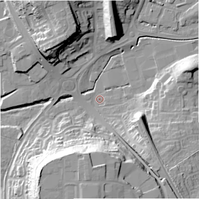 Shaded relief map of the ground around DY101XW, computed from Environment Agency LiDAR. The ground here sits at about 30 m above sea level and falls 33 m across the surrounding 800 m. Surface water reaching this point runs off ground lying to the south, 30.9 m higher.