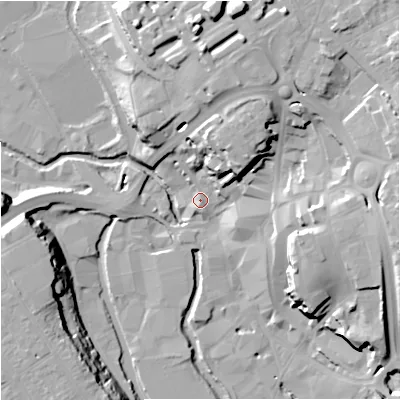 Shaded relief map of the ground around DY102AD, computed from Environment Agency LiDAR. The ground here sits at about 35 m above sea level and falls 26 m across the surrounding 800 m. Surface water reaching this point runs off ground lying to the north-north-east, 15.7 m higher.