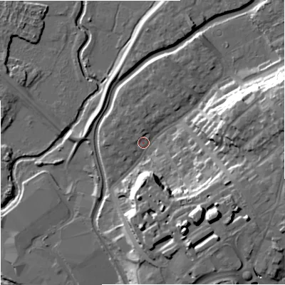 Shaded relief map of the ground around DY102AF, computed from Environment Agency LiDAR. The ground here sits at about 36 m above sea level and falls 24 m across the surrounding 800 m. Surface water reaching this point runs off ground lying to the south-east, 20.5 m higher.