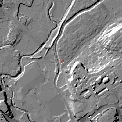 Shaded relief map of the ground around DY102AG, computed from Environment Agency LiDAR. The ground here sits at about 36 m above sea level and falls 24 m across the surrounding 800 m. Surface water reaching this point runs off ground lying to the east-south-east, 21.1 m higher.
