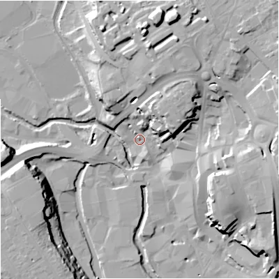 Shaded relief map of the ground around DY102AH, computed from Environment Agency LiDAR. The ground here sits at about 36 m above sea level and falls 26 m across the surrounding 800 m. Surface water reaching this point runs off ground lying to the north-east, 17.3 m higher.