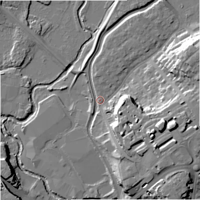 Shaded relief map of the ground around DY102AL, computed from Environment Agency LiDAR. The ground here sits at about 36 m above sea level and falls 24 m across the surrounding 800 m. Surface water reaching this point runs off ground lying to the east-south-east, 21.1 m higher.
