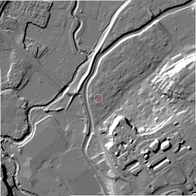 Shaded relief map of the ground around DY102AQ, computed from Environment Agency LiDAR. The ground here sits at about 36 m above sea level and falls 24 m across the surrounding 800 m. Surface water reaching this point runs off ground lying to the north-west, 0.8 m higher.
