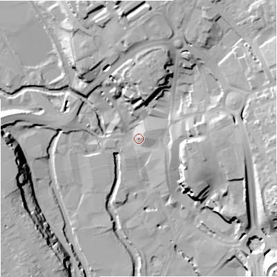 Shaded relief map of the ground around DY102AZ, computed from Environment Agency LiDAR. The ground here sits at about 36 m above sea level and falls 30 m across the surrounding 800 m. Surface water reaching this point runs off ground lying to the east, 15.7 m higher.