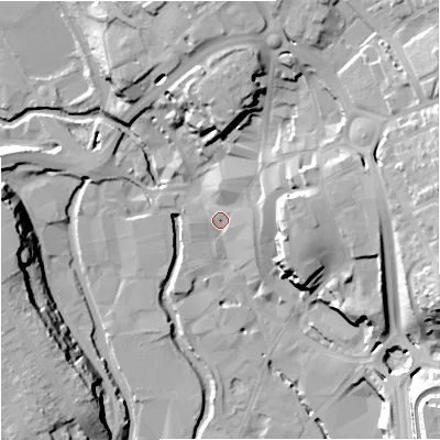 Shaded relief map of the ground around DY102DJ, computed from Environment Agency LiDAR. The ground here sits at about 35 m above sea level and falls 30 m across the surrounding 800 m. Surface water reaching this point runs off ground lying to the east-north-east, 14.5 m higher.