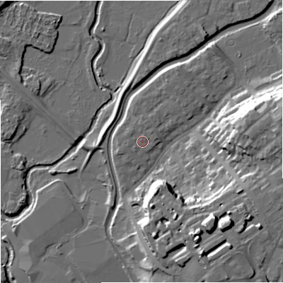 Shaded relief map of the ground around DY102GB, computed from Environment Agency LiDAR. The ground here sits at about 37 m above sea level and falls 24 m across the surrounding 800 m. Surface water reaching this point runs off ground lying to the north-north-east, 1.6 m higher.